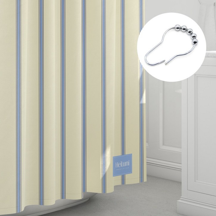 프리미엄 패브릭 방수 샤워 커튼  스텐 커튼 링 12p, 1개, 크림블루 스트라이프