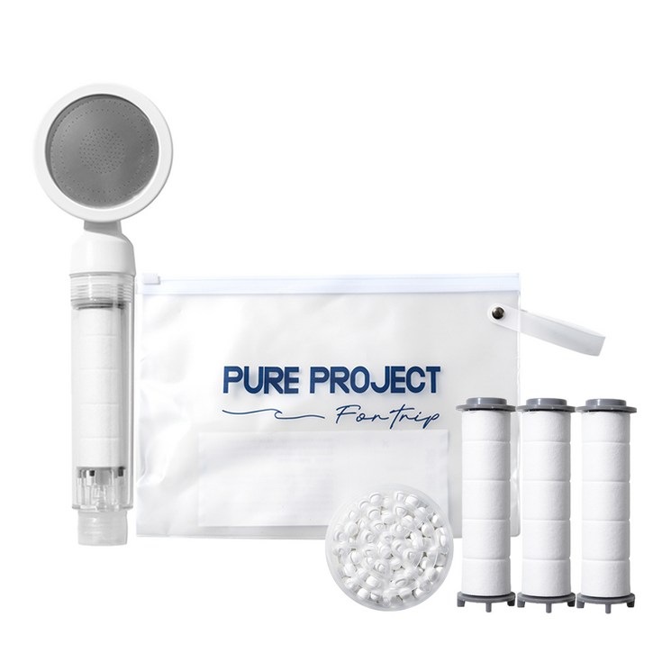 퓨어프로젝트 필수 해외여행용 샤워기헤드 + 휴대용 파우치 세트, 샤워기1개+바디필터3개+헤드필터1개+파우치1개, 1개