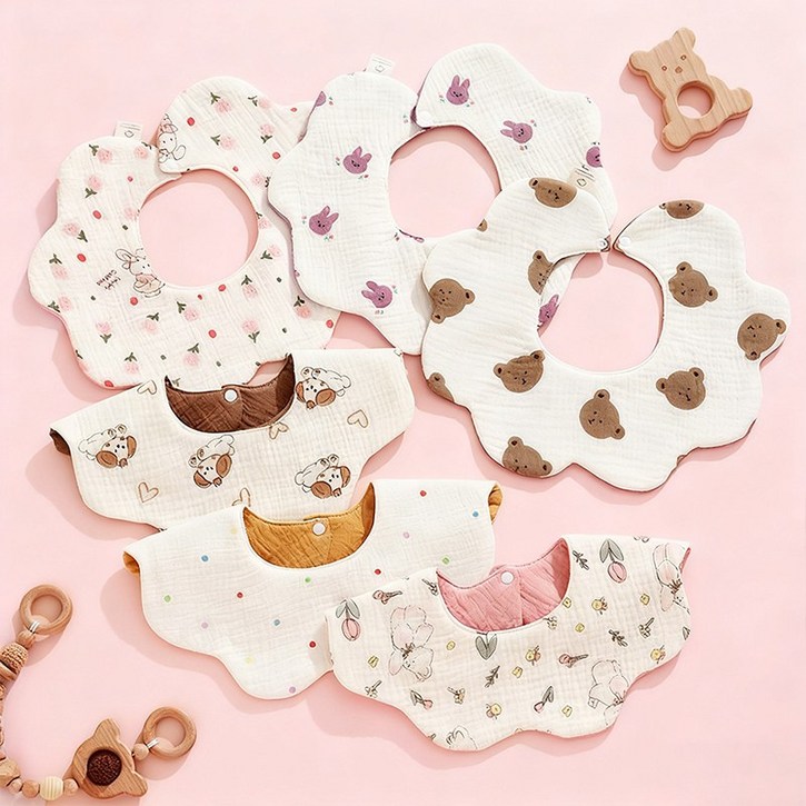 바냐  360도 롤링 거즈면 방수 턱받이  5종 세트 유아 신생아 선물포장 무형광 아기 여아 남아