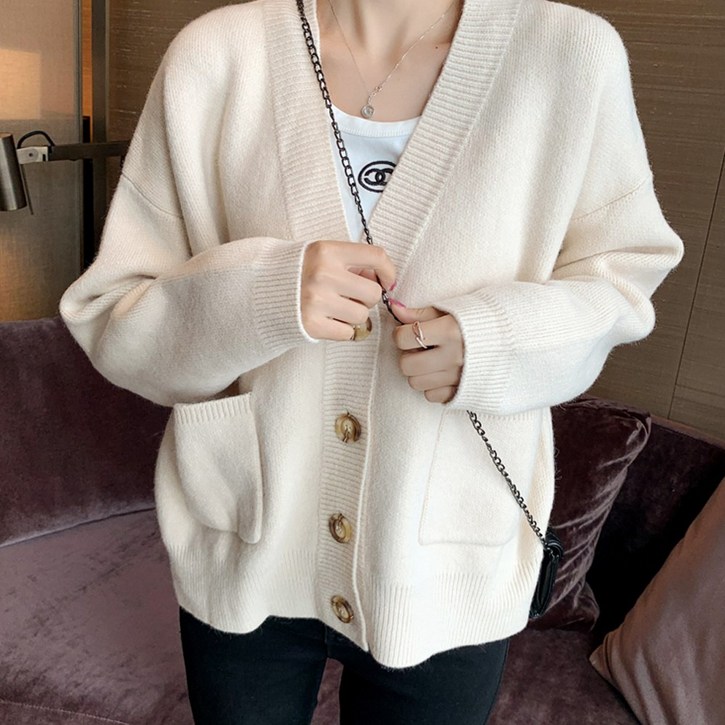 울 니트 데일리 포켓 도톰 루즈핏 여성 가디건 간절기