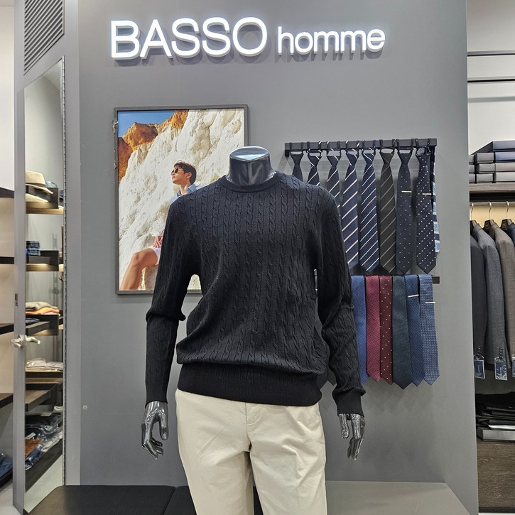 바쏘옴므 남자 가을 겨울 그린 케이블 골지 라운드 니트 WSY3GW38