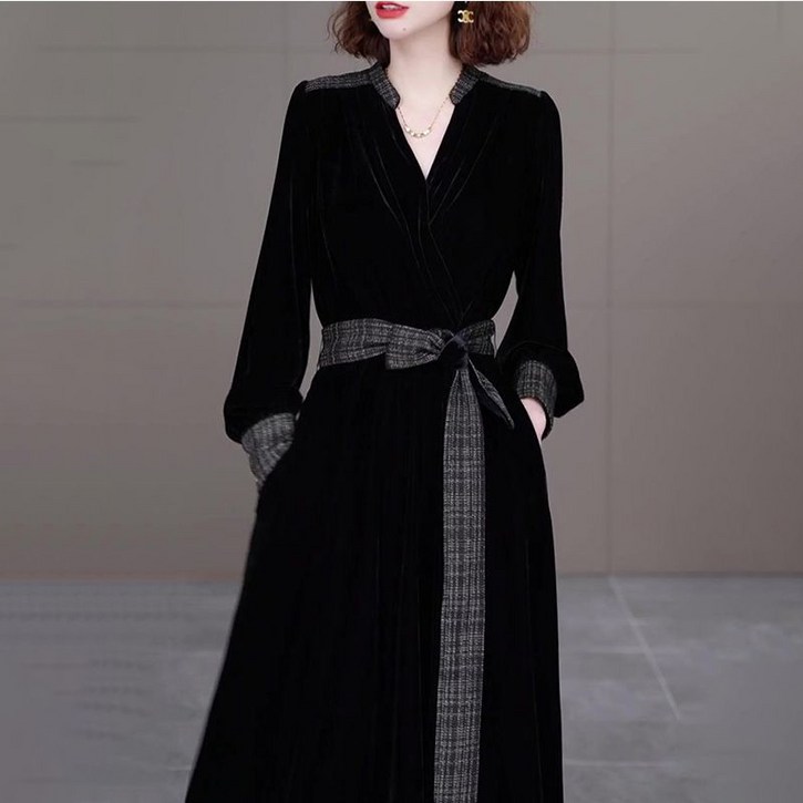 FANSYLI 봄가을 신상 벨벳원피스 트렌디 롱 브이넥 슬림원피스 여성 겨울 통근원피스 고급 하객룩 원피스 X2408A8