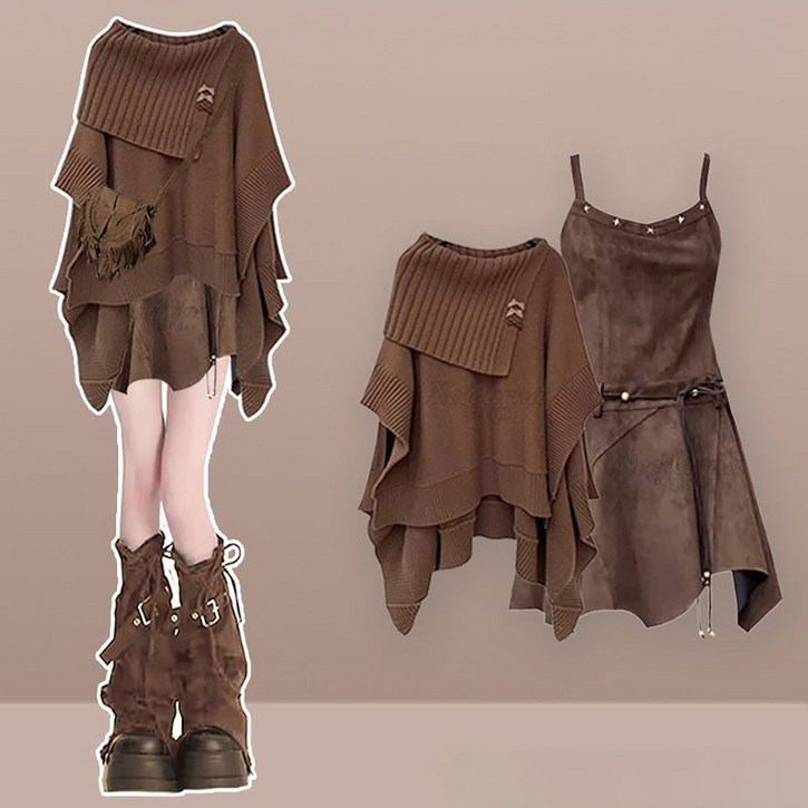 ROYALBELLE 여성 스웨터 + 원피스 세트 언밸런스 디자인 스웨터 플리츠 패션 숏 끈 원피스 D0121710