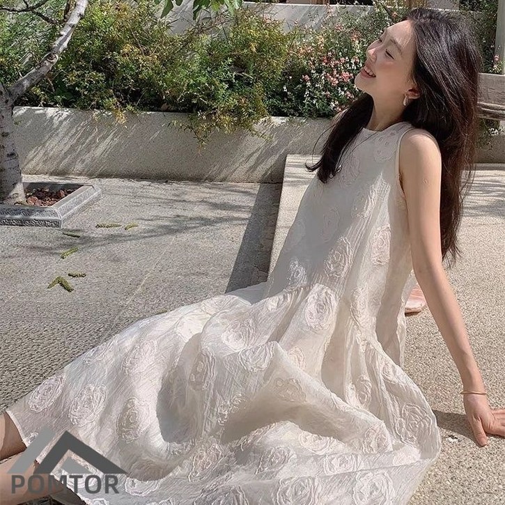 POMTOR 여성 여름 꽃무늬 무지 화이트 나시 원피스 캐주얼 A라인 하객룩 드레스 원피스 휴양지룩