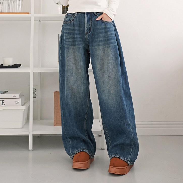 키140키150키160 키키코 융기모폴딩핀턱와이드데님팬츠 중학생 겨울 와이드 청바지