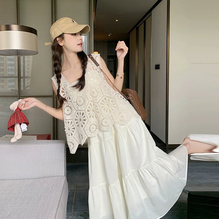 HA.M 봄여름 레이어드 베스트원피스 니트 펀칭 나시롱 원피스