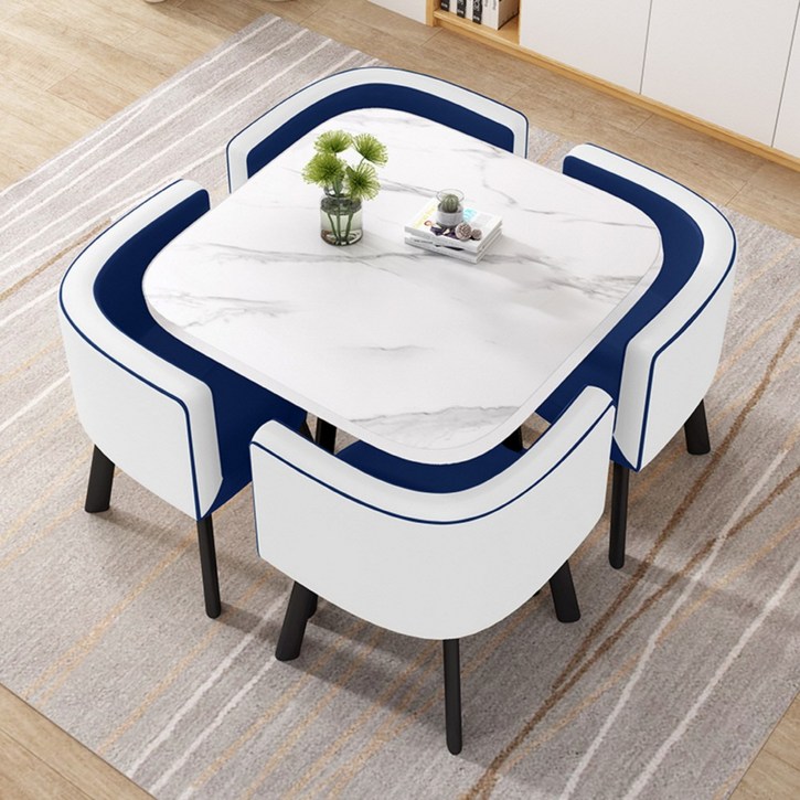 MEETON 감성 인테리어 4인용 티 테이블 세트 원목 의자포함 식탁 원형 카페 둥근모서리, 사각마블화이트체어화이트블루, 4인용