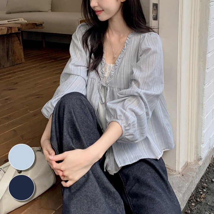 핏몬 레이스 일체형  프릴 스트라이프 벌룬 블라우스