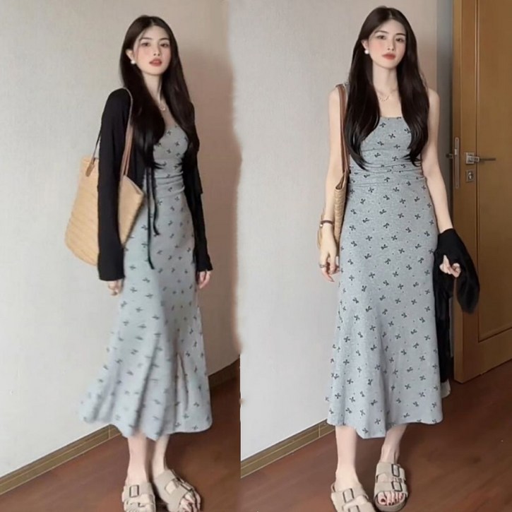 해피유통 여성  끈 보트넥 원피스 머메이드 롱스커트jhjxn