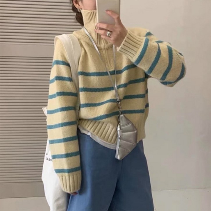 선빛 여성용 마레 데일리 스트라이프 반집업 니트