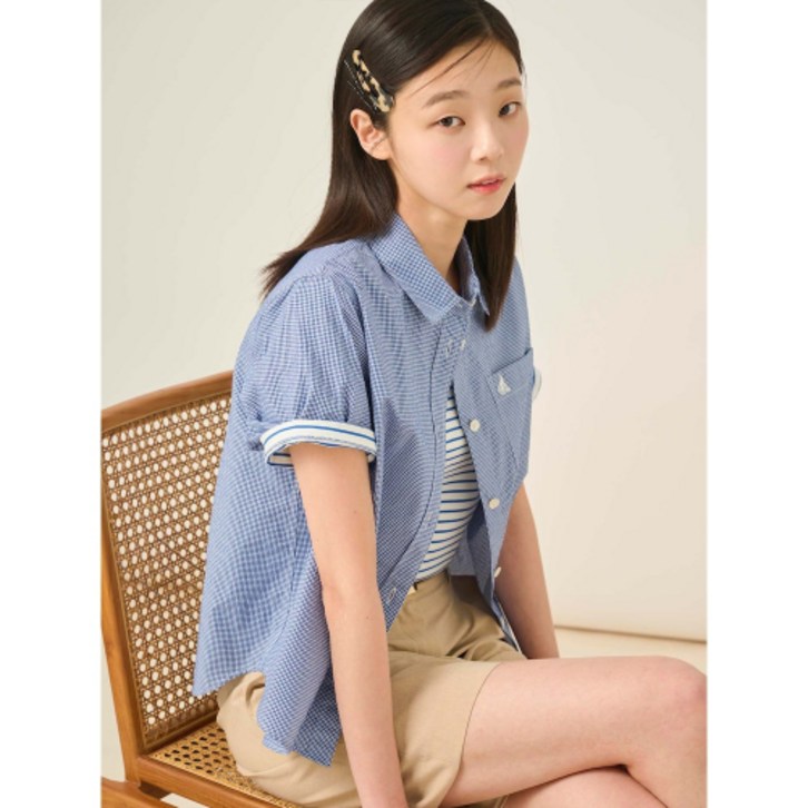 매장정품 빈폴 레이디스 코튼 혼방 깅엄 체크 반소매 셔츠 - 블루 BF5465C03P 579962
