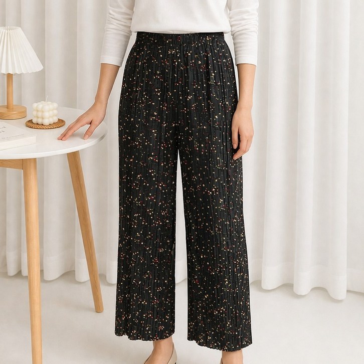 여성 꽃무늬 플리츠 촌캉스 9부 김장 몸빼바지 일자 밴딩 팬츠