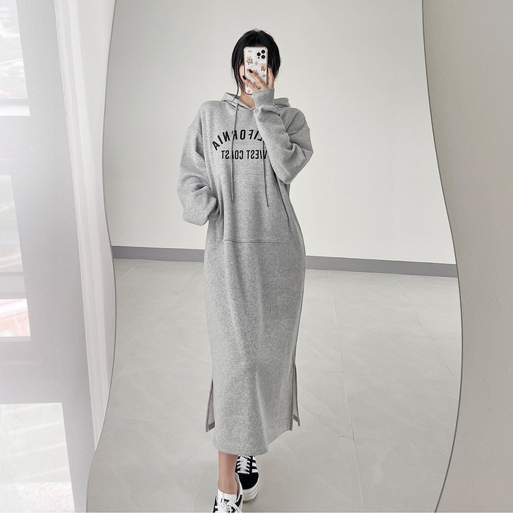 기모 레터링 자수 루즈핏 h라인 롱 트임 쭈리 후드 원피스 3컬러