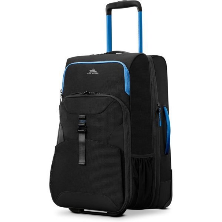 하이 시에라 하이라이프 22인치 캐리온 휠드 더플  부드러운 롤링 휠, 습식팩 포켓, 스택 잇 스트랩, 조절 가능한 손잡이, 플리스 패딩 노트북 슬리브, 확장 가능 블랙블루