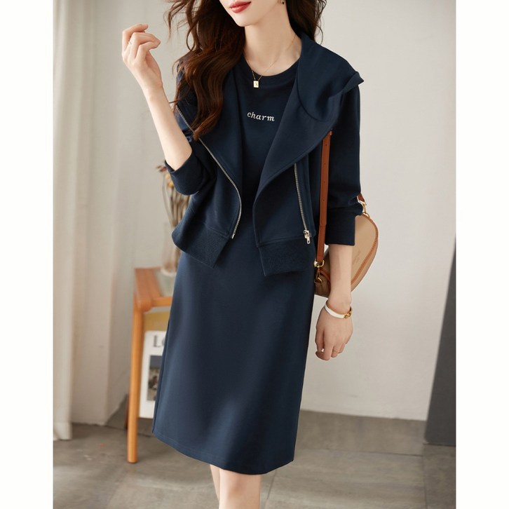 대각선 지퍼 후드 투피스 세트 여름과 가을 여성 캐주얼 심플한 디자인 정장 슈트