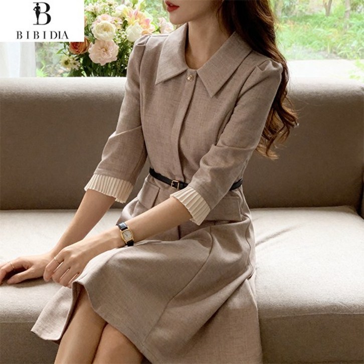 비비디아 여성 플리츠 카라 원피스 벨트 투피스느낌 정장 원피스 하객룩 5566