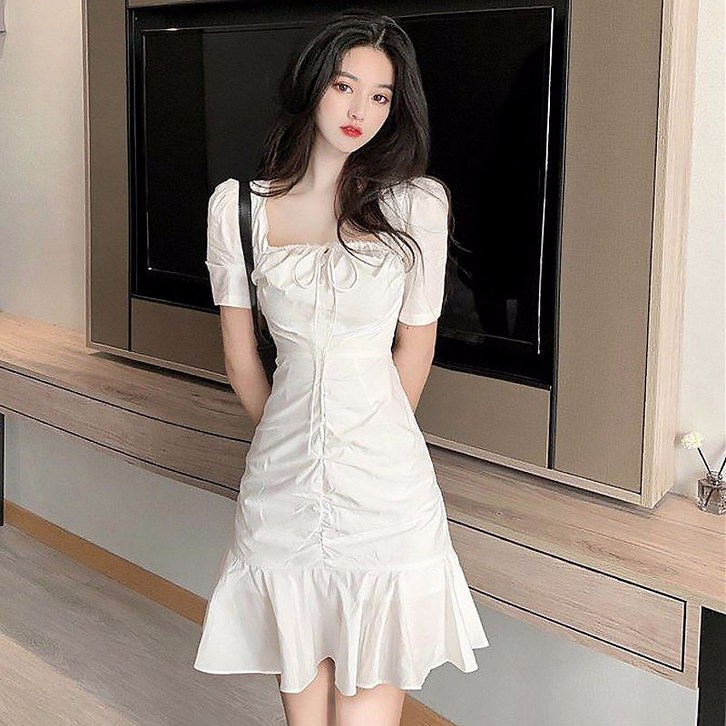 AOKADA 여성 여름 스퀘어넥 셔령 프릴 랩 미니 원피스
