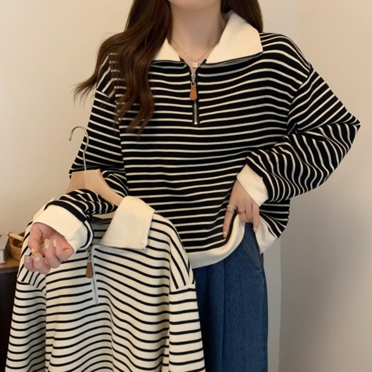 매진 임박 75kg까지 빅사이즈 여성 시카고 스트라이프 반집업 칼라 오픈카라 맨투맨 긴팔티 봄 가을 편한 캐주얼 루즈핏 날씬해보이는 심플 고급 패션 배색 소프트 디자인 맨투맨티