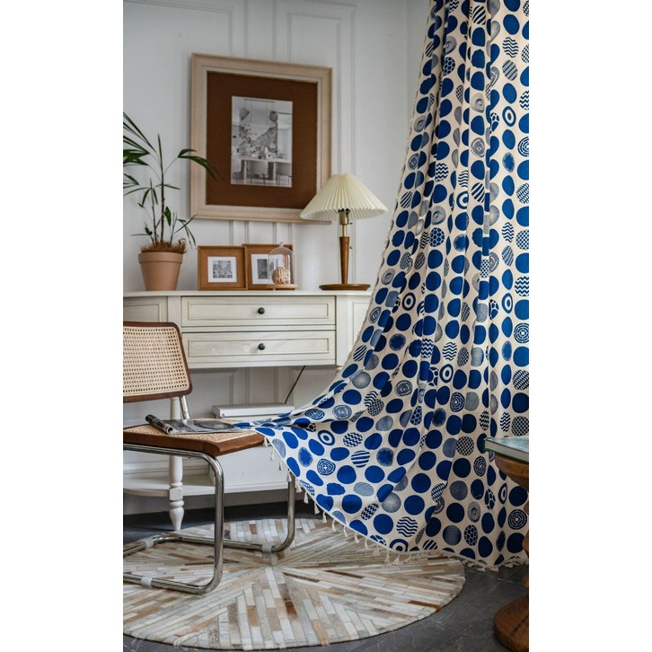 24평거실커튼 34평거실커튼 블루 폴카닷 2장