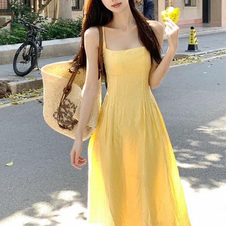 cammello 써니 옐로우 스퀘어넥 A라인 끈 나시 롱 원피스 여름 휴가룩