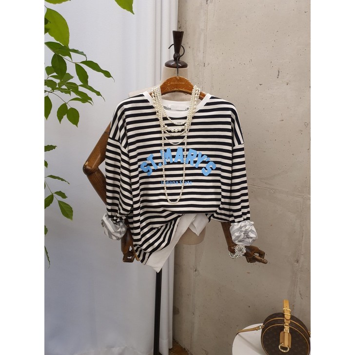 가을신상 무배 메리스 레터링 스트라이프 라운드 긴팔 맨투맨