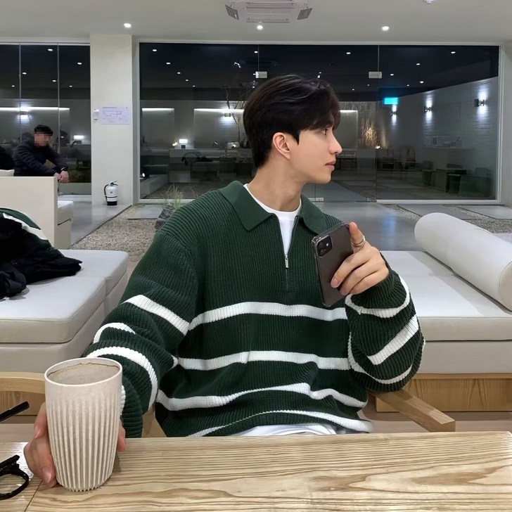 style dr 남성용 워셔블 빅사이즈 오버핏 카라 스트라이프 니트 티셔츠 스웨터