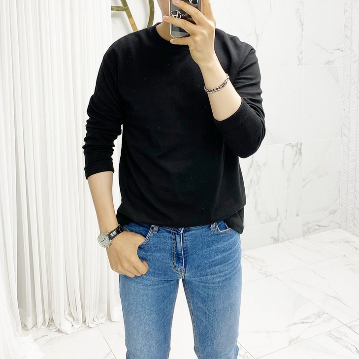 아도르클래식 남성용 부드러운 면 스판 기본 라운드 긴팔 티셔츠