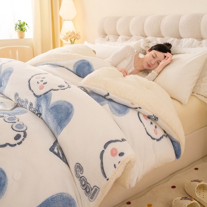 루미숨 자가발열 양털 캐시미어 양면 극세사 두꺼운 이불, 화이트 곰돌이
