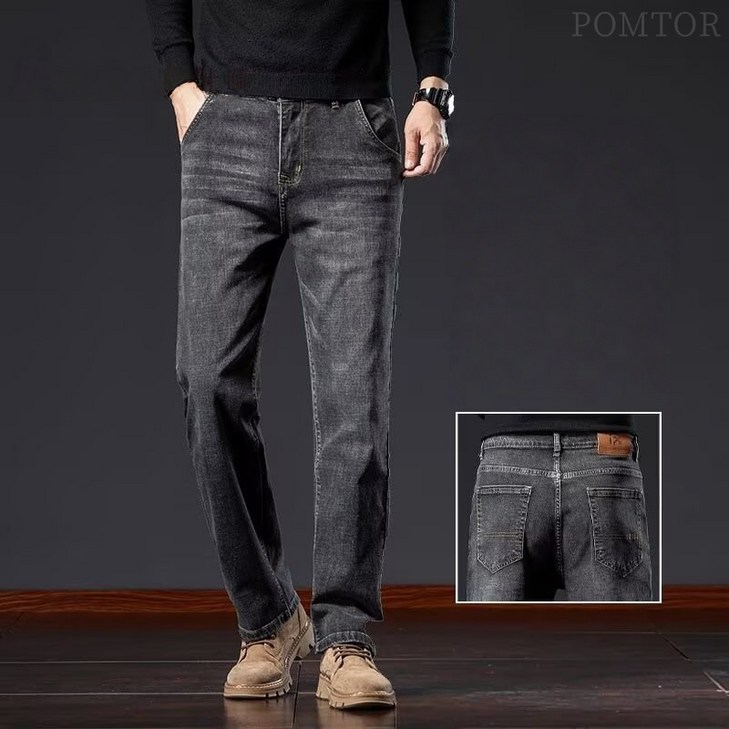 POMTOR 남성용 워싱 빅사이즈 청바지 스판 루즈핏 일자 데님 팬츠