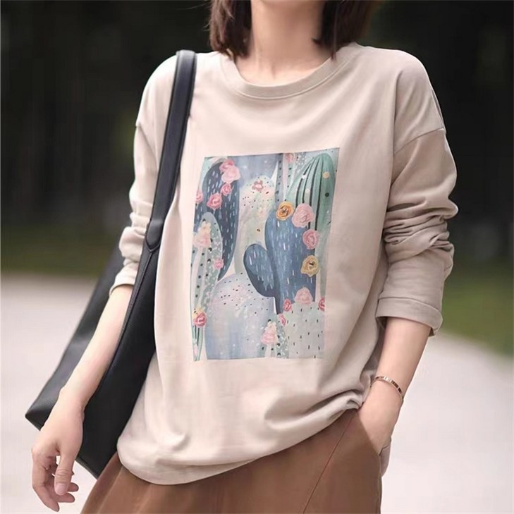 AOKADA 여성 라운드 루즈핏 긴팔 티셔츠 면티 봄 가을 엄마 상의