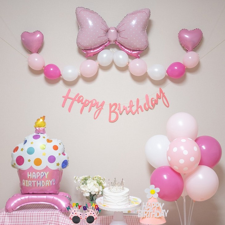 연지마켓 생일풍선 생일파티용품 리본풍선 세트, 핑크 케이크 세트
