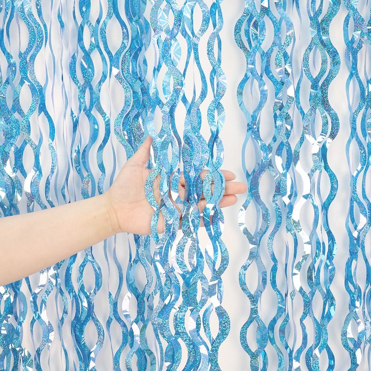 파티짱 웨이브 홀로그램 파티 커튼 장식 포토존 배경, 4개, 웨이브 파티커튼 홀로그램 아쿠아블루