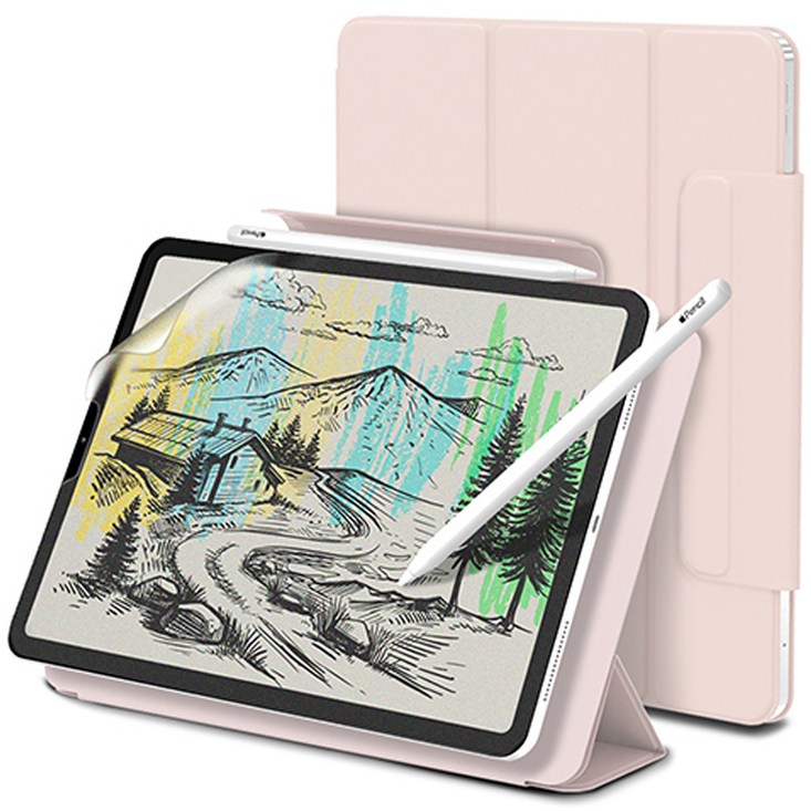 신지모루 마그네틱 폴리오 애플펜슬커버 태블릿PC 케이스 + 종이질감 액정보호 필름 세트, 핑크 샌드