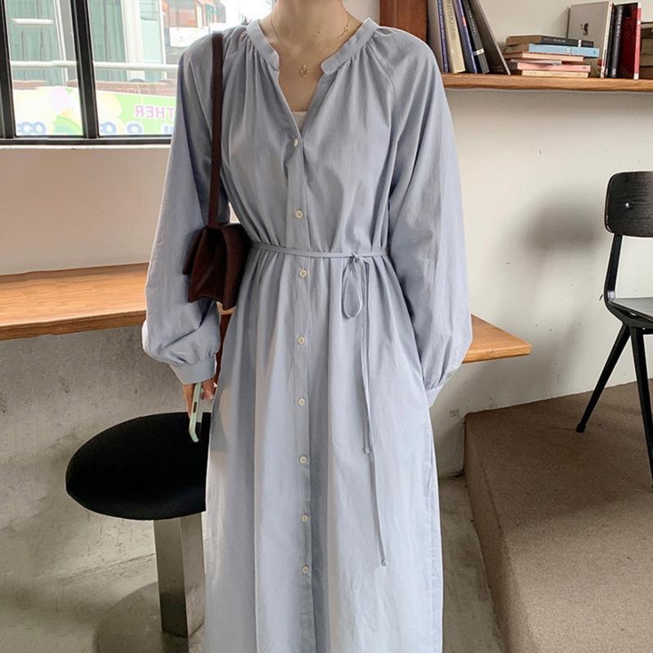여성용 긴팔 셔츠 면 롱 원피스