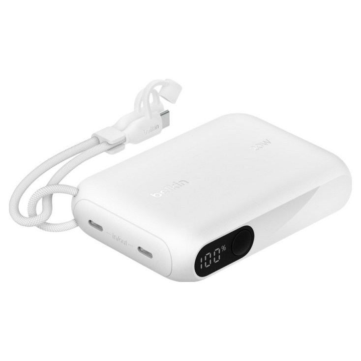 벨킨 디스플레이형 10K 20W 고속 충전 탈착형 보조배터리 10000mAh USB C 케이블 세트, 화이트, BPB027fqWH