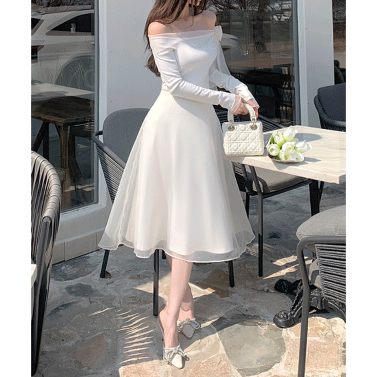 여신라인 드리밍 오프숄더 리본 오간자 리본 원피스 롱 드레스