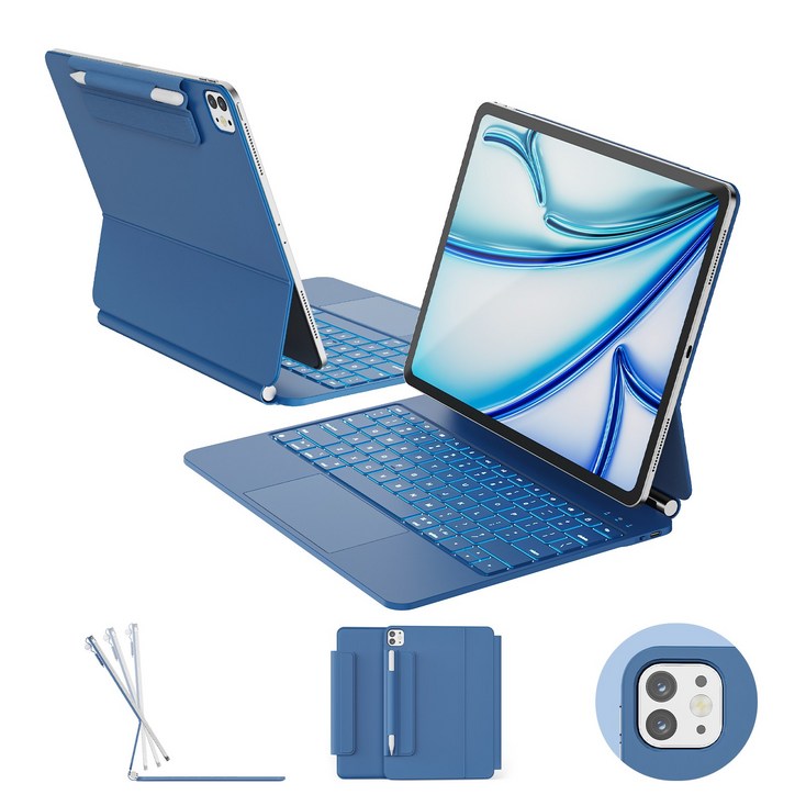 한국형 매직 키보드, 아이패드 에어 13 M3M2, 아이패드 프로 12.9 6543세대, 11색 백라이트 키트랙패드, 방오염 가죽, 스틸 블루, 1개