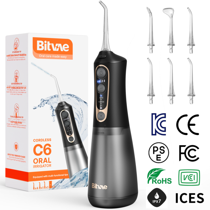 비트베이 C6 휴대용 무선 구강세정기 치간세정기 물칫실 6개노즐팁 2년무상AS Amazon 인기상품, 블랙