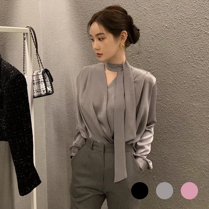 여성 타이 브이넥 블라우스 새틴 남방 오피스룩 빅사이즈 셔츠 링클프리 링클프리 새틴 빅사이즈