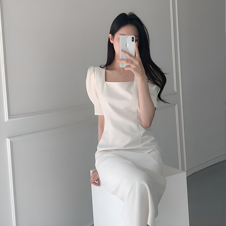 예쁨시전 웨딩룩 스퀘어넥 어깨퍼프 반팔 핀턱 롱 원피스 예쁨시전 웨딩룩 스퀘어넥 어깨퍼프 반팔 핀턱 롱 원피스