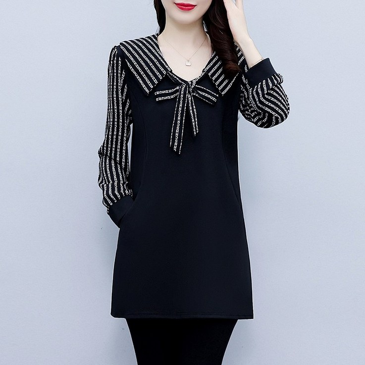 바니드 중년여성 봄가을 스타일리시 리본넥포인트 롱블라우스 셔츠 데일리룩 0218