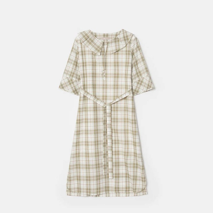 BEANPOLE 빈폴 레이디스 아이보리 코튼 체크 러플 포인트 원피스 BF0671C010