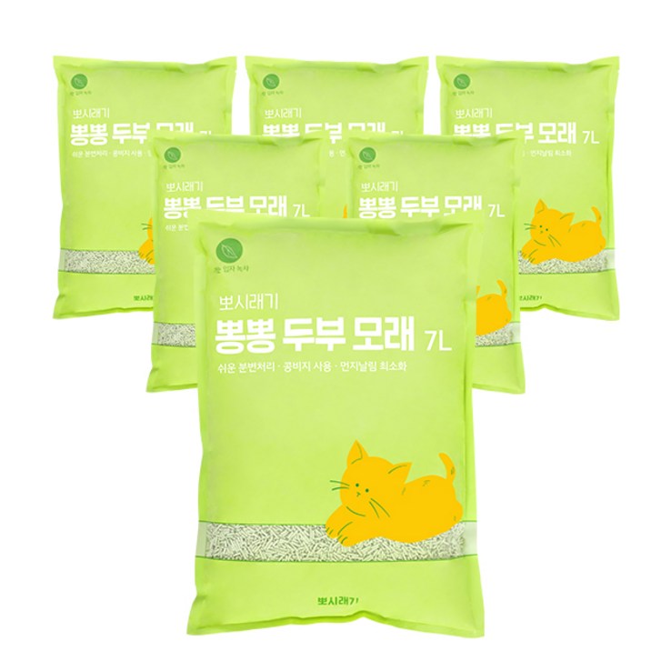 뽀시래기 응고형 고양이 뽕뽕 두부 모래 녹차, 7L, 6개