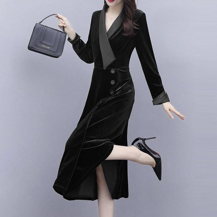 아뗄릭 브이넥 랩 배색 벨벳 플레어 미디 롱 원피스 01395