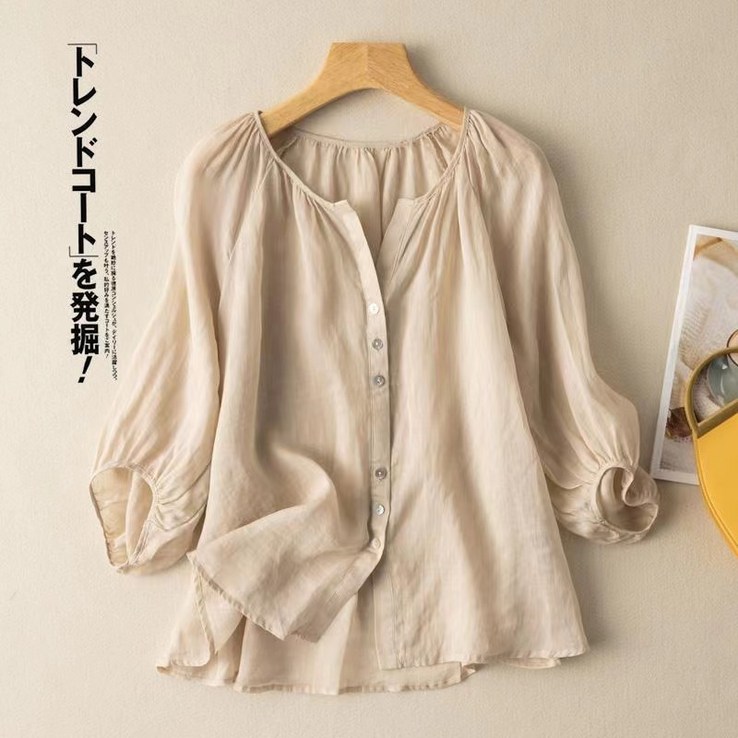 쩐쿠 여름 여성 베이직 단추 셔링 면마 셔츠 블라우스 Z305