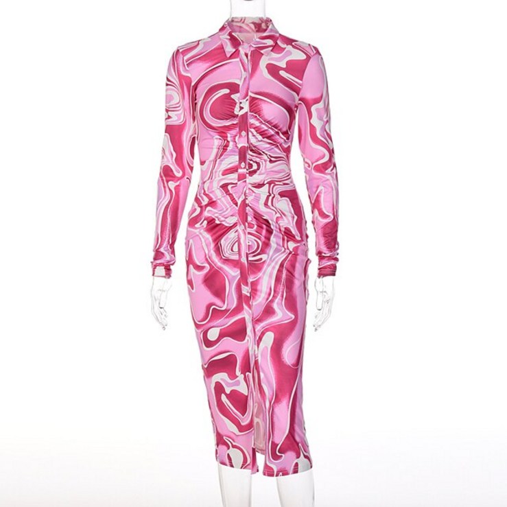 여름 맥시 롱 원피스 Hawthaw 긴팔 프린트 바디콘 핑크 펜슬 미디 드레스 스트리트웨어 가을 겨울 대량 도매