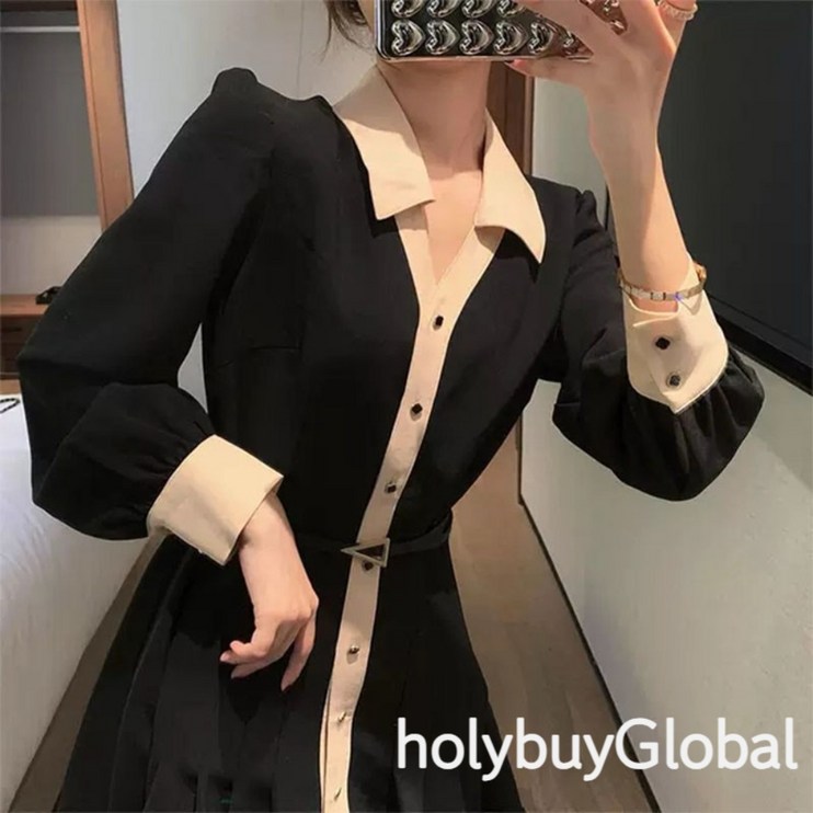 홀리 여성 롱 원피스 벨트 플레어 카라넥