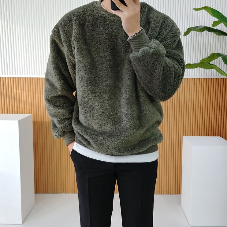 로니제이 남자 겨울 오버핏 뽀글이 뽀글 기모 양면 양털 맨투맨 티셔츠