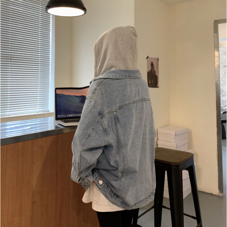 여성 청자켓 후드 탈부탁 데님 연청 데일리룩 가을나들이