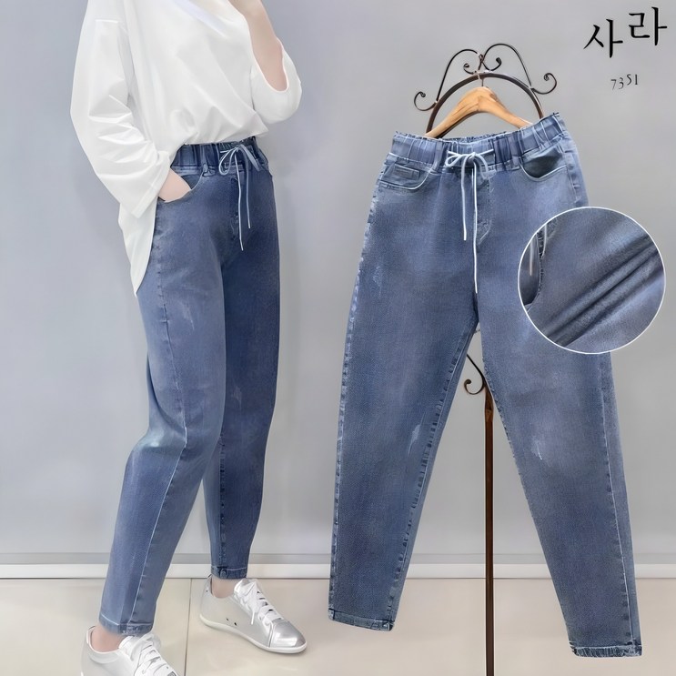 사라7351빈티지 워싱 밴딩 스판 청바지 배기핏 데님팬츠 9부 사라7351빈티지 워싱 밴딩 스판 청바지 배기핏 데님팬츠 9부